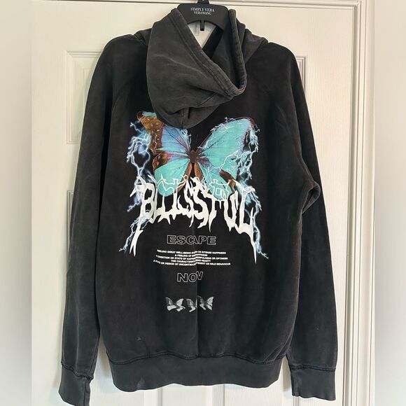 PACUSUN “BLISSFUL” BLUE BUTTERFLY HOODIE SWEATSHIRT - Picture 1 of 3